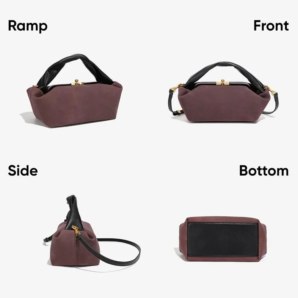 Women's Chocolate Faux Suede Vintage Slouchy Soft Satchel Kiss Lock Hobo Handbag